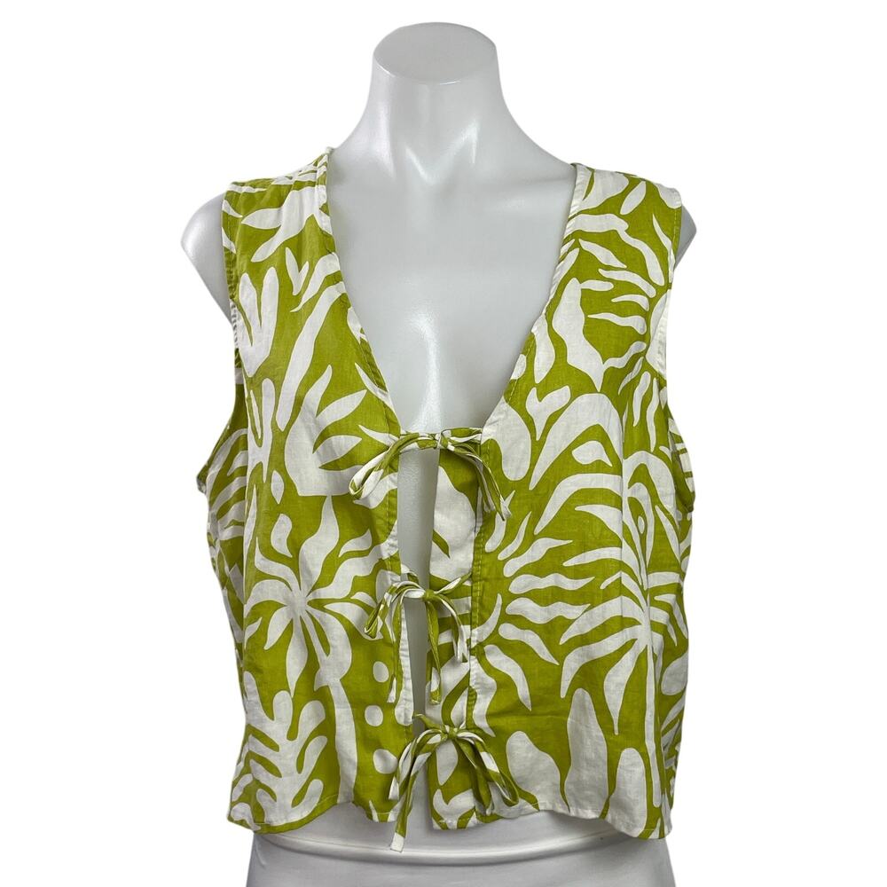 Christian Siriano Green White Linen Blend Sleeveless Tie Front Crop Tank Top L